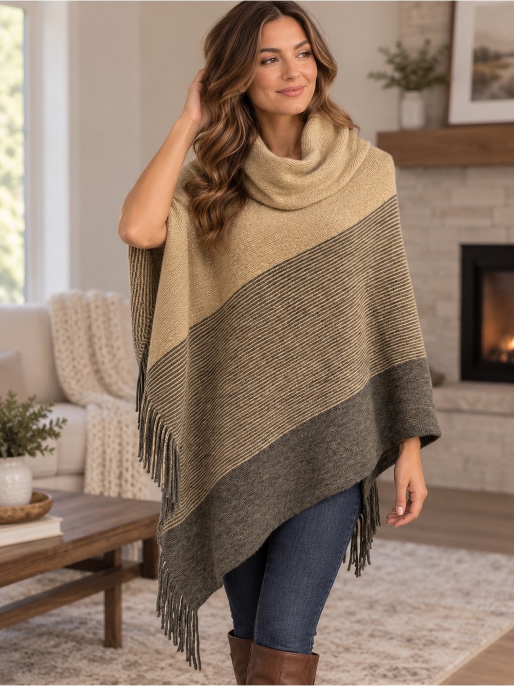 Chico’s Metallic Gold Gray Striped Cowl Neck Poncho Sweater Fringe One Size Cozy